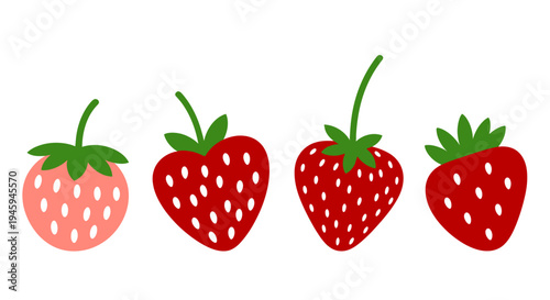 Four colorful strawberries icons for food and fruit concept, flat vector illustration