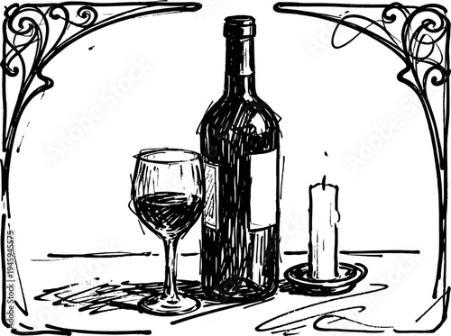 Vintage wine bottle and glass with lit candle in decorative frame sketch
