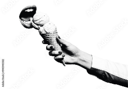 Hand holding ice cream cone with swirled topping in monochrome halftone texture