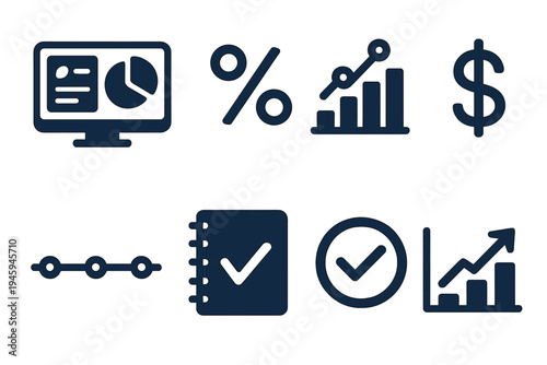 Smart Financial Dashboard. Smart Financial Strategy: dashboard screen, percentage sign, investment chart, timeline, dollar symbol, notebook, success checkmark, graph arrow