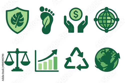 Eco Strategy Icons. Sustainable Risk Strategy: eco shield, carbon footprint icon, ethical investment sign, global network, balance scale, sustainability chart, green arrows, globe