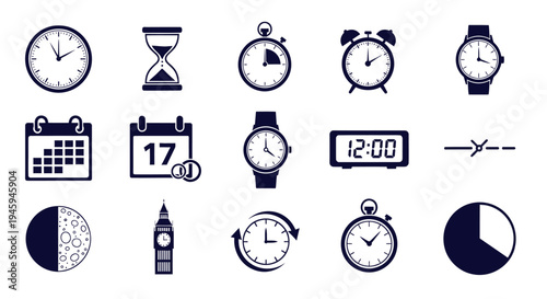 Time and schedule icons for app ui and web design, clock and calendar symbols