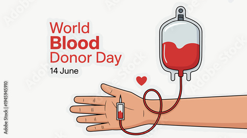 World Blood Donor Day illustration with arm and blood bag attached