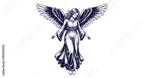 Angel with wings and dress, mythological creature for design and decoration, monochrome illustration
