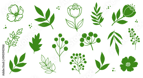 Green leaf and flower icons for ecology and nature design, minimalist vector illustrations