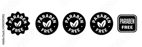 Paraben free labels and badges for cosmetics and skincare products are shown