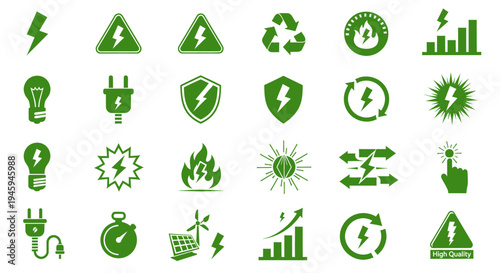 Energy and eco friendly icons set for web and ui, green vector symbols