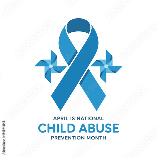 Blue ribbon with pinwheels for child abuse prevention month awareness campaign