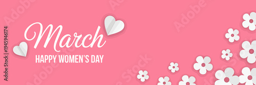 March Happy Womens Day greeting card with white flowers and hearts on pink background