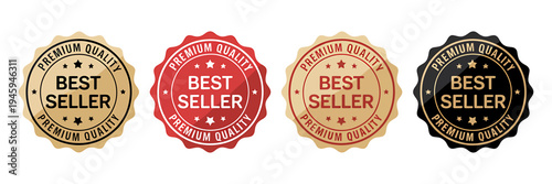Four best seller premium quality badges in gold red and black colors for products  isolated on transparent background
