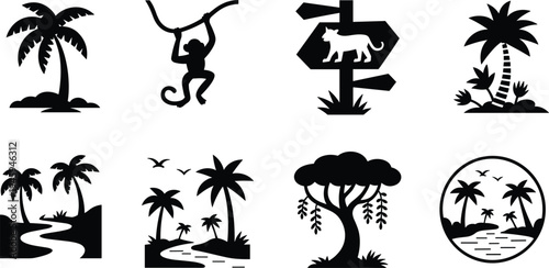 Set of black silhouettes featuring palm trees monkeys tigers jungle landscapes and nature icons isolated on a clean white background