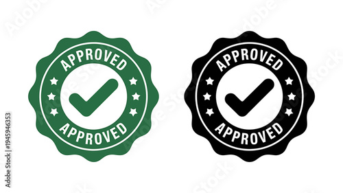 Green and black approved checkmark seals with stars on white background