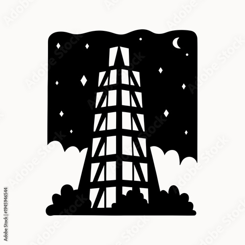 A black and white vector graphic illustration of an oil rig at night with a starry sky
