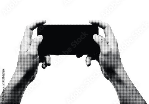 Hands holding a monochrome gaming controller in halftone grid background