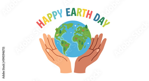 Happy earth day illustration featuring a globe held in cupped hands