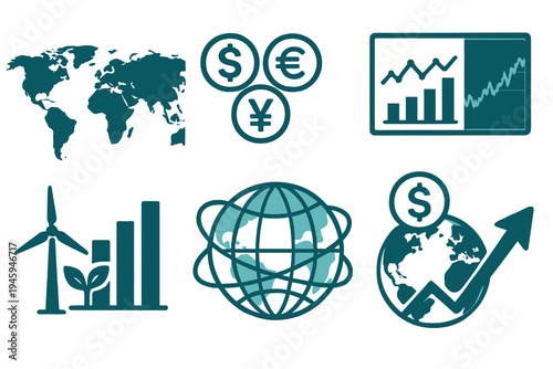 Global Investment Visual. Global Investment Mix: world map, currency symbols, data dashboard, digital stock chart, renewable energy stock, global market lines, earth with coin,