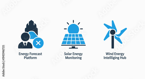 Energy forecast platform, solar energy monitoring, and wind energy intelligent hub icons