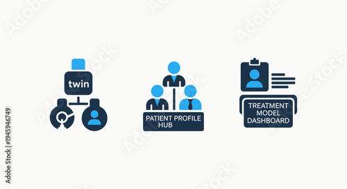 Icons representing digital twin, patient profile hub, and treatment model dashboard for healthcare technology