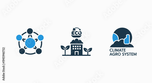 Icons representing climate agro system, network connection, and eco building for environmental technology concepts