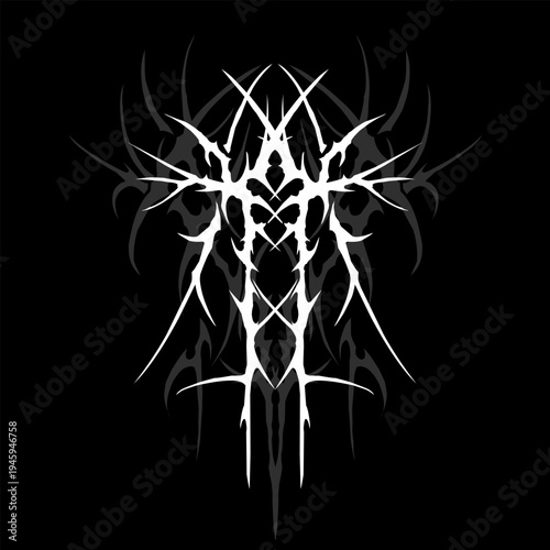 Neo tribal gothic symbol in sharp symmetrical vector style, dark spiked ornament perfect for tattoos, metal logos, band merchandise, and edgy graphic design