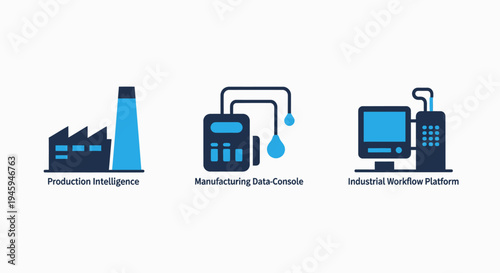 Factory production intelligence, manufacturing data console, and industrial workflow icons