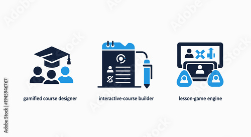 Gamified course designer, interactive course builder, and lesson-game engine icons, e learning