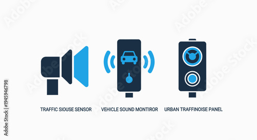 Icons for traffic noise sensor, vehicle sound monitor, and urban traffic noise panel