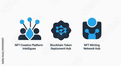 Nft and blockchain technology: digital asset creation, token deployment, and minting network hub icons