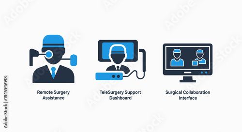 Remote surgery and telemedicine: virtual operation, surgical collaboration, and digital healthcare support icons