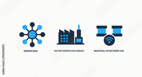 Industrial iot sensors, data, factory console, and network hub icons for smart manufacturing and technology concepts