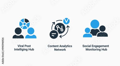 Viral post, content analytics, and social engagement hub icons for digital marketing and networks