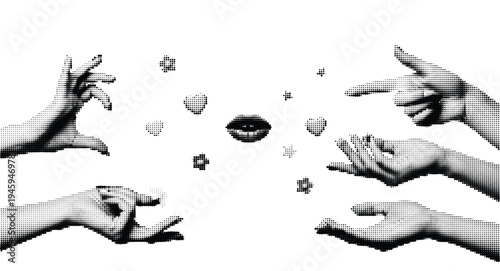 Hands reaching out with abstract emotional symbols in monochrome halftone pattern