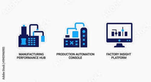 Manufacturing performance hub, production automation console, and factory insight platform icons set - industrial data technology