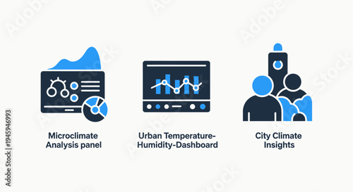 Microclimate analysis panel, urban temperature-humidity dashboard, and city climate insights icons - environmental technology