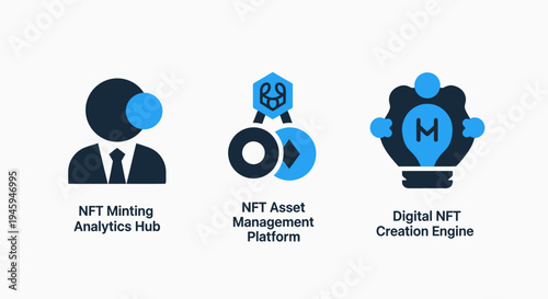 Nft minting analytics hub, asset management platform, and digital creation engine icons - blockchain technology crypto art
