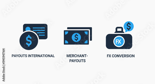 Financial transaction icons for global payments, merchant payouts, and foreign exchange conversion services