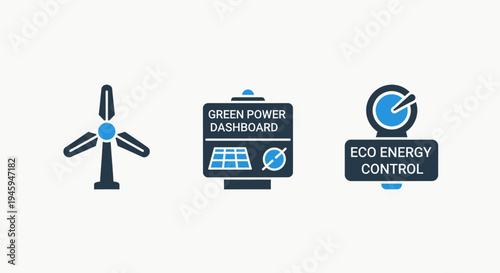 Renewable green energy icons: wind turbine, solar power dashboard, and eco-friendly energy control systems