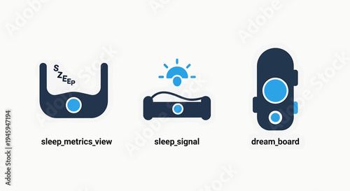 Modern sleep tracking technology icons: sleep metrics view, signal monitoring, and dream visualization tools
