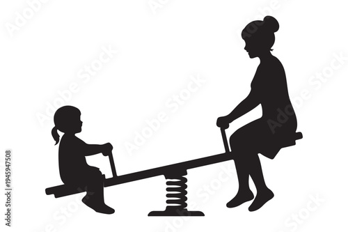 Silhouette of a woman and a child playing on a seesaw vector illustration
