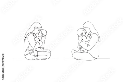 Line art of two mothers breastfeeding their babies in a sitting position vector illustration