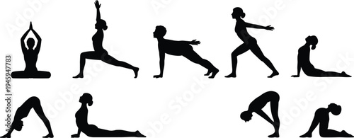 Yoga poses silhouettes collection, woman practicing meditation stretching fitness asanas set isolated, healthy lifestyle workout flat vector illustration