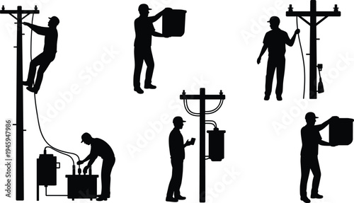 Silhouettes of utility workers performing electrical tasks on power lines, transformers, and equipment, teamwork in infrastructure maintenance and industrial safety illustration