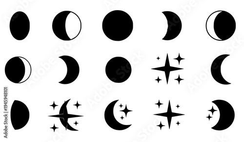 Moon and Star Silhouette Vector Icon Set for Astronomy and Night Sky Designs