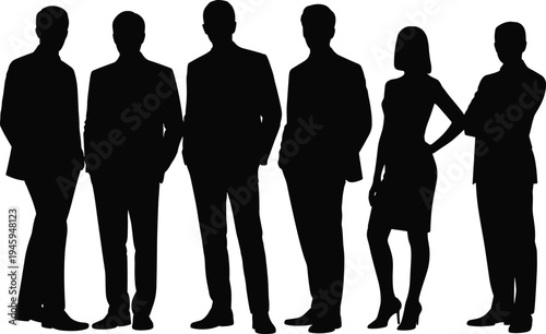 Six confident business silhouettes of professional men and women in formal attire, teamwork, leadership, corporate success, office communication, career growth, modern workplace illustration