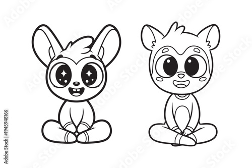 Two cute cartoon animals sitting in lotus position with big eyes and smiling faces vector illustration