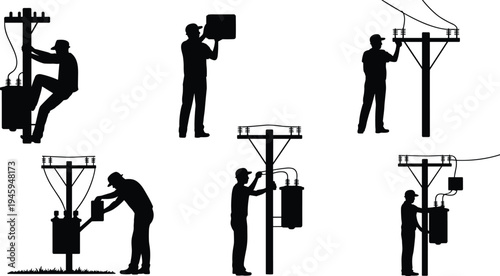 Six utility worker silhouettes performing electrical maintenance tasks on power poles and equipment, infrastructure service, energy distribution, occupational safety illustration concept
