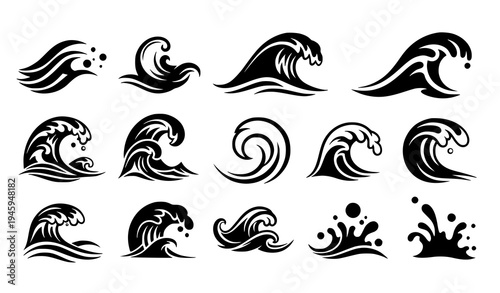 Stylized Sea Wave and Ocean Splash Vector Set for Marine, Surf, and Nautical Projects
