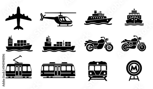 Transport Glyph Icon Vector Set with Air, Land, and Water Vehicles