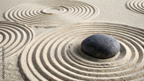 japanese zen garden featuring dark rounded stone centered within concentric circular raked sand patterns light beige texture minimalist aesthetic peaceful meditative atmosphere