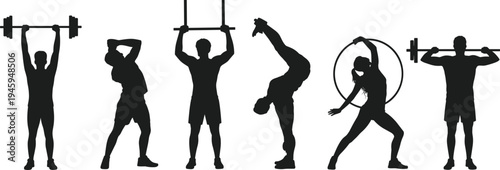 Fitness sport silhouettes set, athletes weightlifting stretching calisthenics workout training poses isolated, healthy active lifestyle vector illustration collection